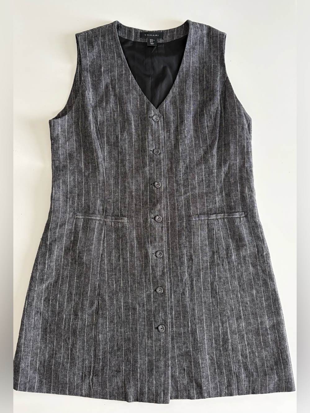 Tahari Charcoal Pinstripe V-Neck Button Midi Dress